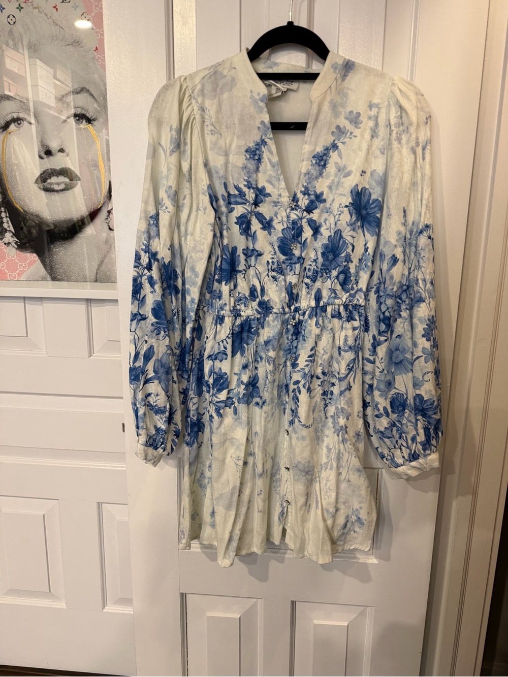 White & Blue Floral V-Neck Linen Dress